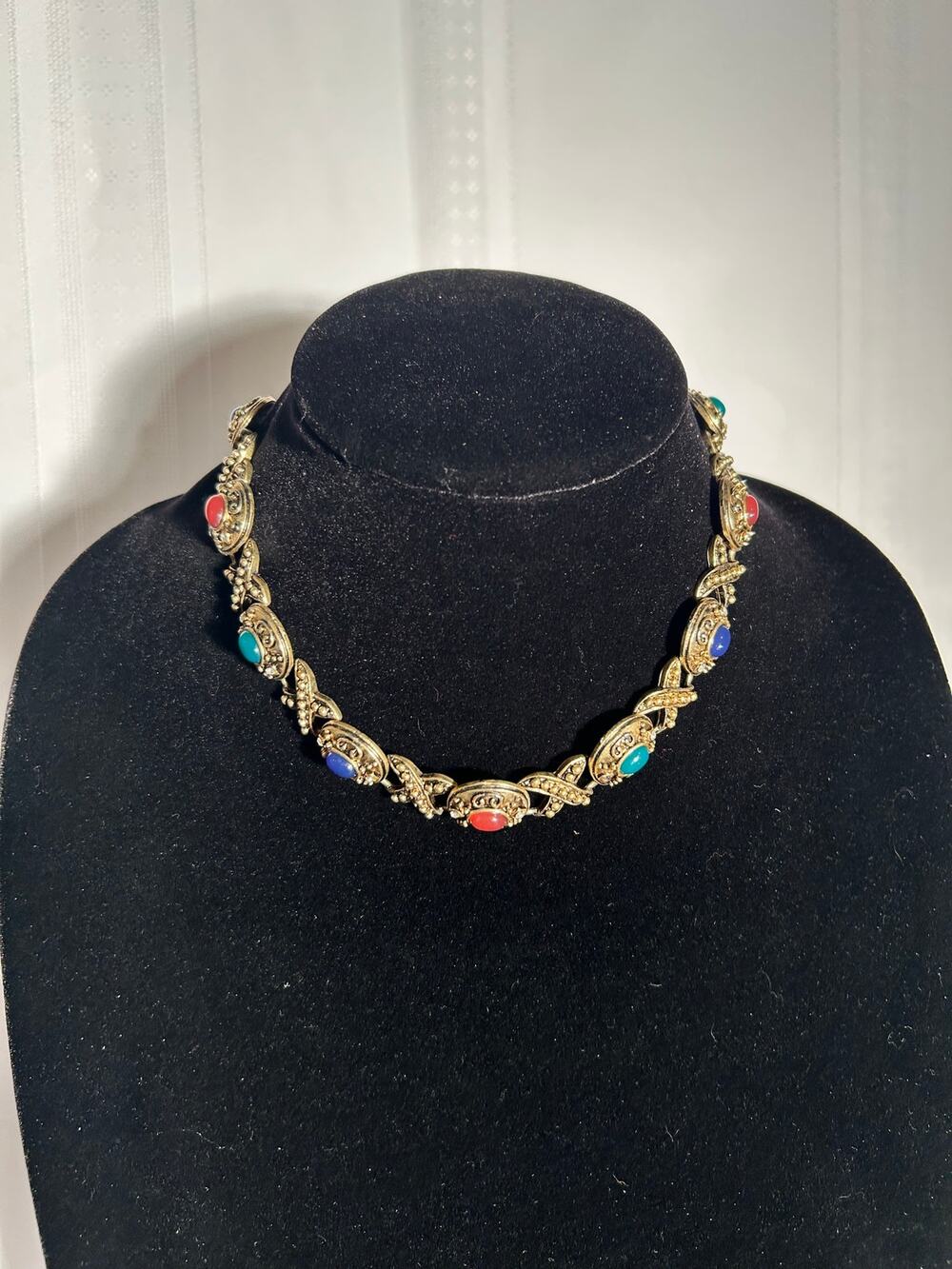 Vintage Craft Etruscan Style XOXO Cabochon Statement Collar Necklace